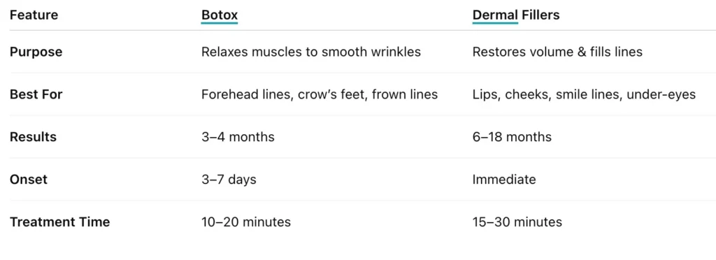 Botox vs fillers differences comparison table